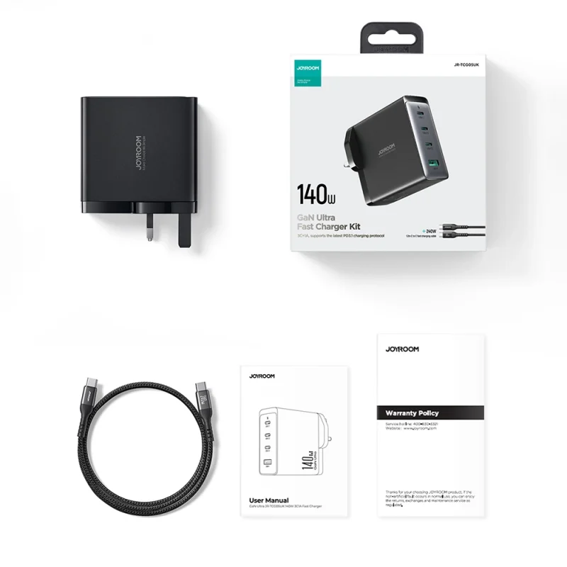 Szybka ładowarka sieciowa GaN 140W 3 x USB-C / USB-A Joyroom JR-TCG05EU - czarna + kabel USB-C - USB-C 240W 1.2m - obrazek 9