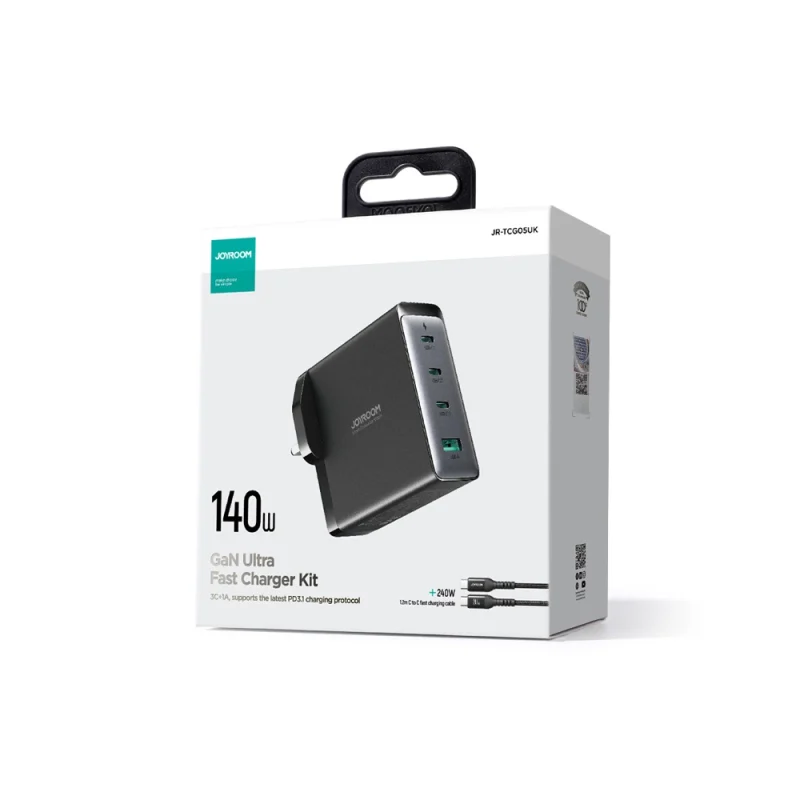 Szybka ładowarka sieciowa GaN 140W 3 x USB-C / USB-A Joyroom JR-TCG05EU - czarna + kabel USB-C - USB-C 240W 1.2m - obrazek 7