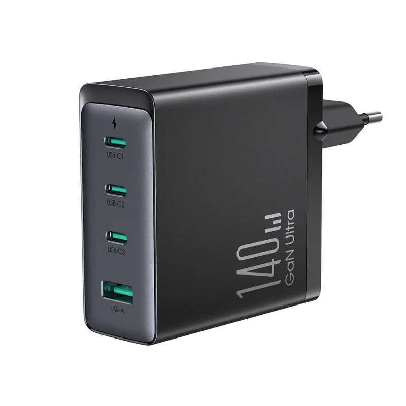 Szybka ładowarka sieciowa GaN 140W 3 x USB-C / USB-A Joyroom JR-TCG05EU - czarna + kabel USB-C - USB-C 240W 1.2m