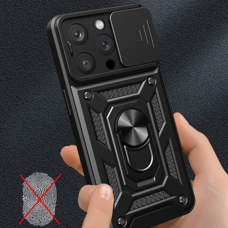 Pancerne etui z podstawką i osłoną aparatu do iPhone 15 Pro Hybrid Armor Camshield - czarny - obrazek 4