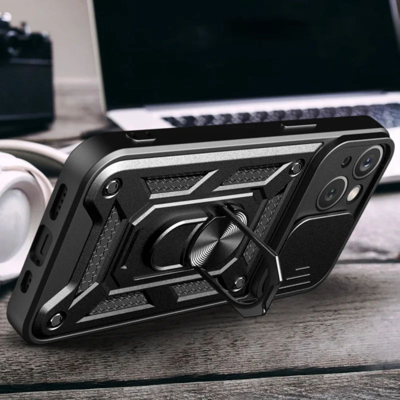 Pancerne etui Hybrid Armor Camshield z podstawką i osłoną aparatu do iPhone 15 - niebieskie - obrazek 4