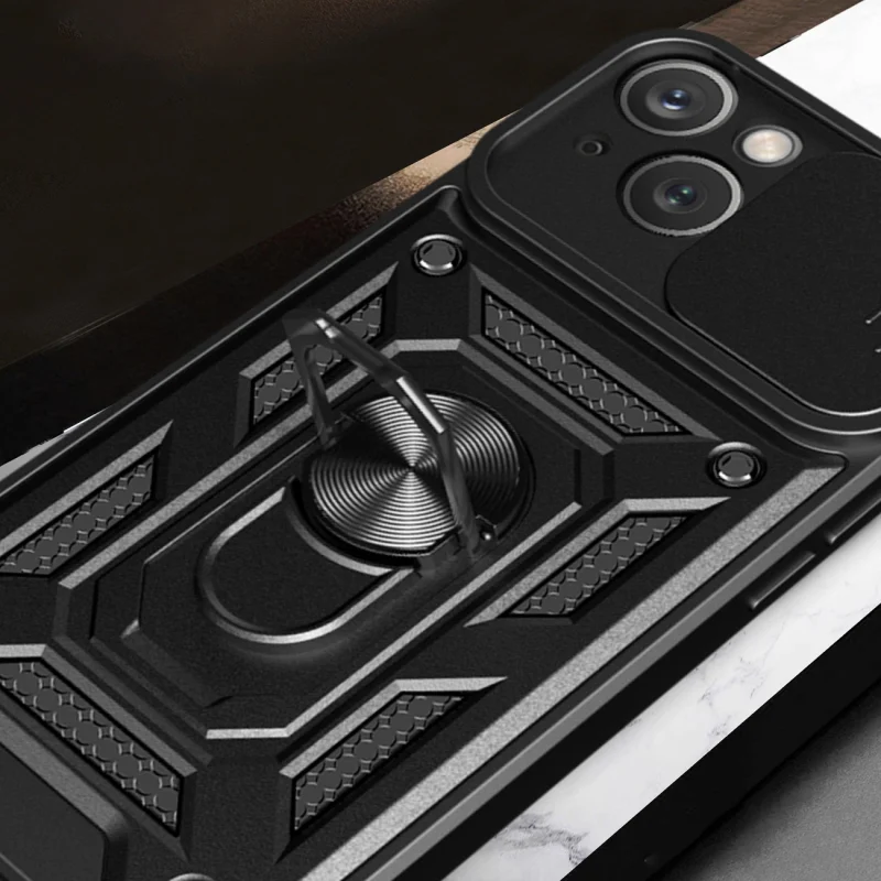 Pancerne etui Hybrid Armor Camshield z podstawką i osłoną aparatu do iPhone 15 - niebieskie - obrazek 5