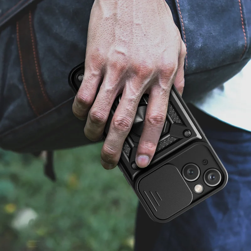 Pancerne etui Hybrid Armor Camshield z podstawką i osłoną aparatu do iPhone 15 - niebieskie - obrazek 6