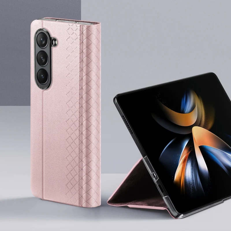 Skórzane etui z klapką i portfelem do Samsung Galaxy Z Fold5 5G Dux Ducis Bril - różowe - obrazek 4