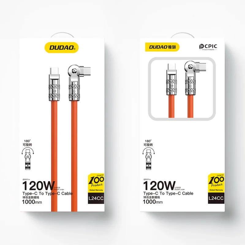 Kabel kątowy Dudao L24CC USB-C - USB-C o rotacji 180° 120W 1m - pomarańczowy - obrazek 5