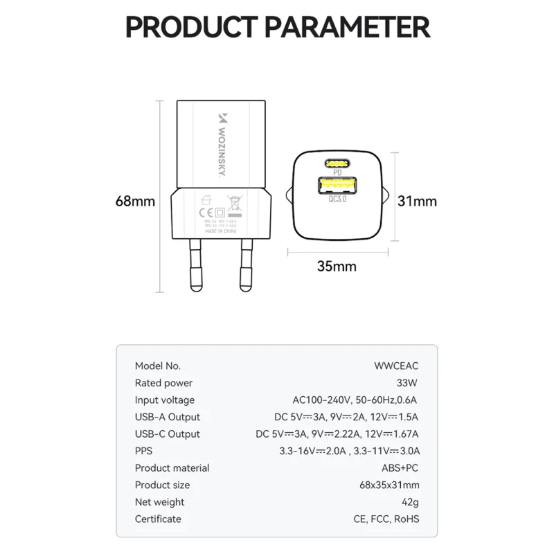 Ładowarka sieciowa Wozinsky WWCEAC GaN USB-A USB-C 33W - biała - obrazek 6