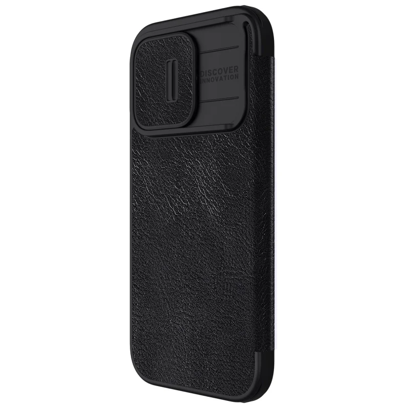 Skórzane etui z klapką osłoną aparatu do iPhone 15 Pro Max Nillkin Qin Pro Leather - czarne - obrazek 5