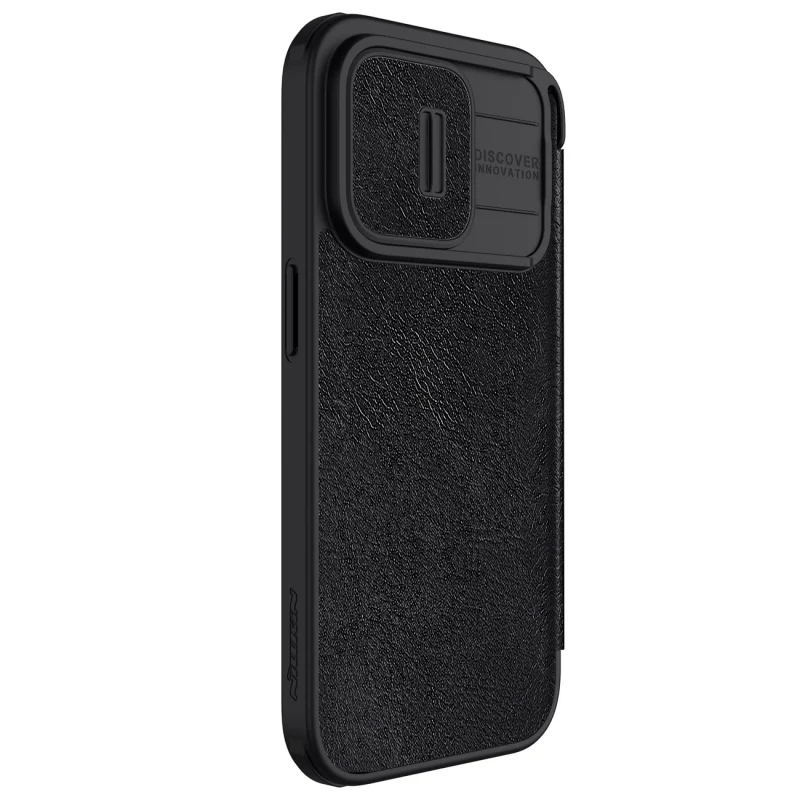 Skórzane etui z klapką osłoną aparatu do iPhone 15 Pro Max Nillkin Qin Pro Leather - czarne - obrazek 6