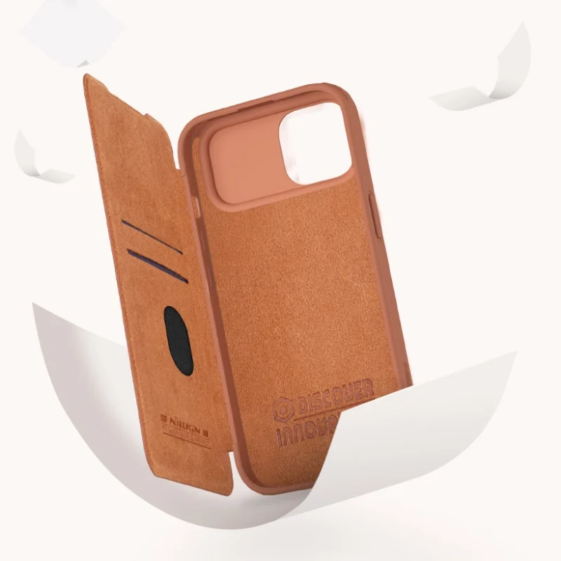 Skórzane etui z klapką osłoną aparatu do iPhone 15 Pro Max Nillkin Qin Pro Leather - czarne - obrazek 9