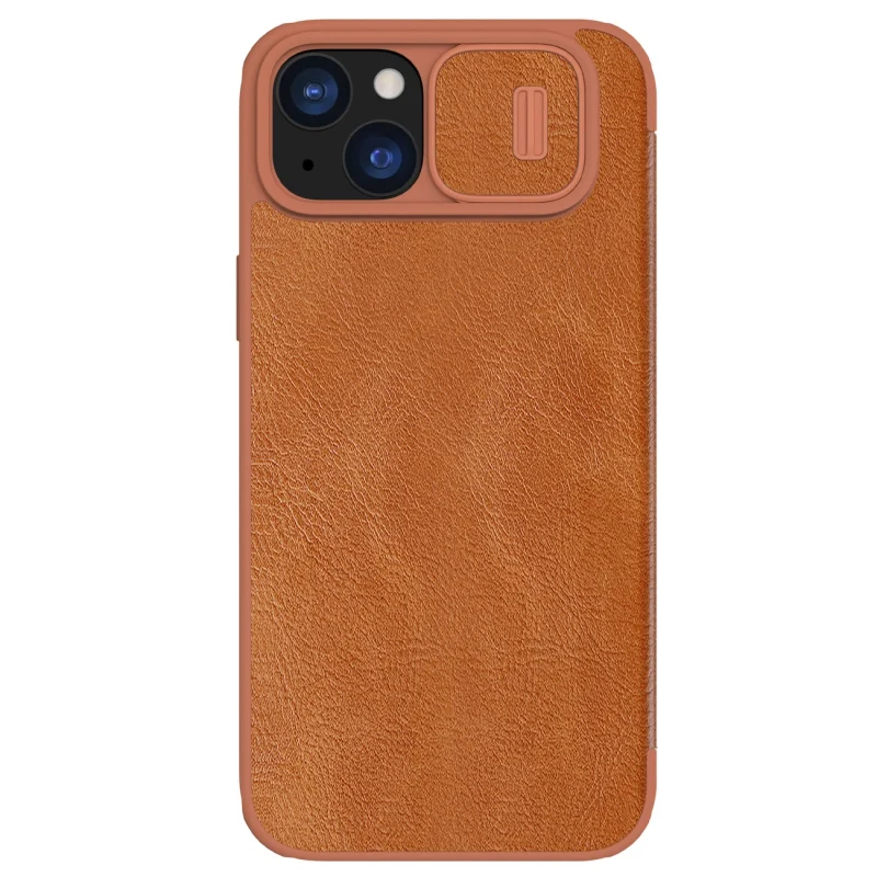 Skórzane etui z klapką osłoną aparatu do iPhone 15 Plus Nillkin Qin Pro Leather - brązowe - obrazek 4