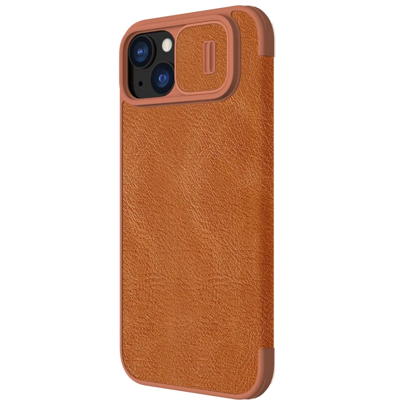 Skórzane etui z klapką osłoną aparatu do iPhone 15 Plus Nillkin Qin Pro Leather - brązowe - obrazek 5