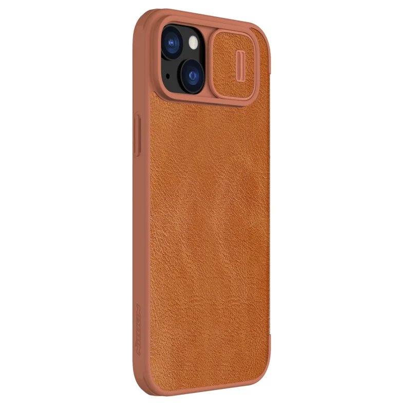 Skórzane etui z klapką osłoną aparatu do iPhone 15 Plus Nillkin Qin Pro Leather - brązowe - obrazek 6