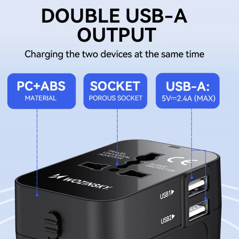 Adapter podróżny Wozinsky WUTWC uniwersalny 24W UE / US / AUS / UK / 2x USB-A - czarny - obrazek 8