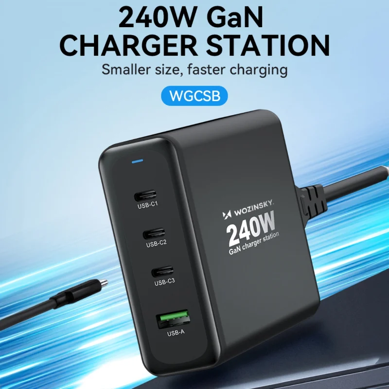 Ładowarka sieciowa GaN Wozinsky WGCSB 240W USB-A / 3 x USB-C - czarna - obrazek 8