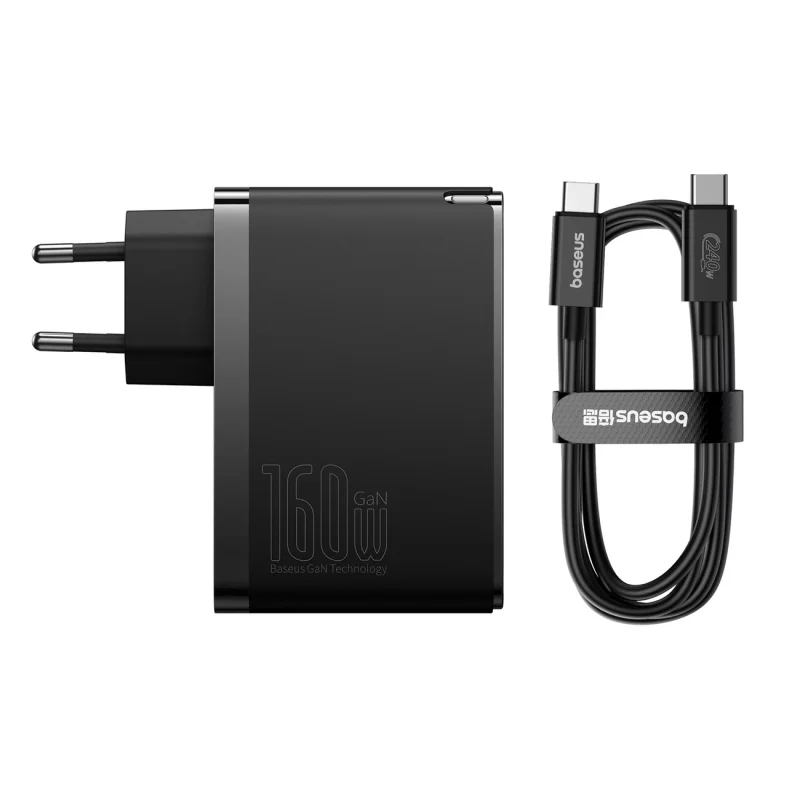 Ładowarka sieciowa GaN Baseus GaN5 Pro 2x USB-C / USB-A 160W - czarna + kabel USB-C - USB-C 240W - czarny - obrazek 2