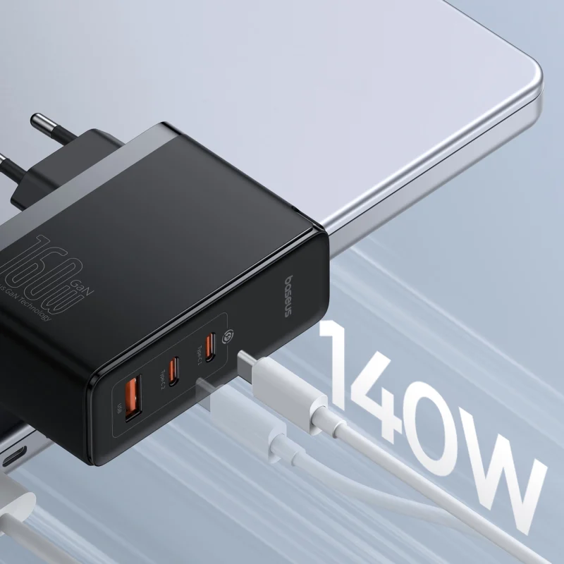 Ładowarka sieciowa GaN Baseus GaN5 Pro 2x USB-C / USB-A 160W - czarna + kabel USB-C - USB-C 240W - czarny - obrazek 11