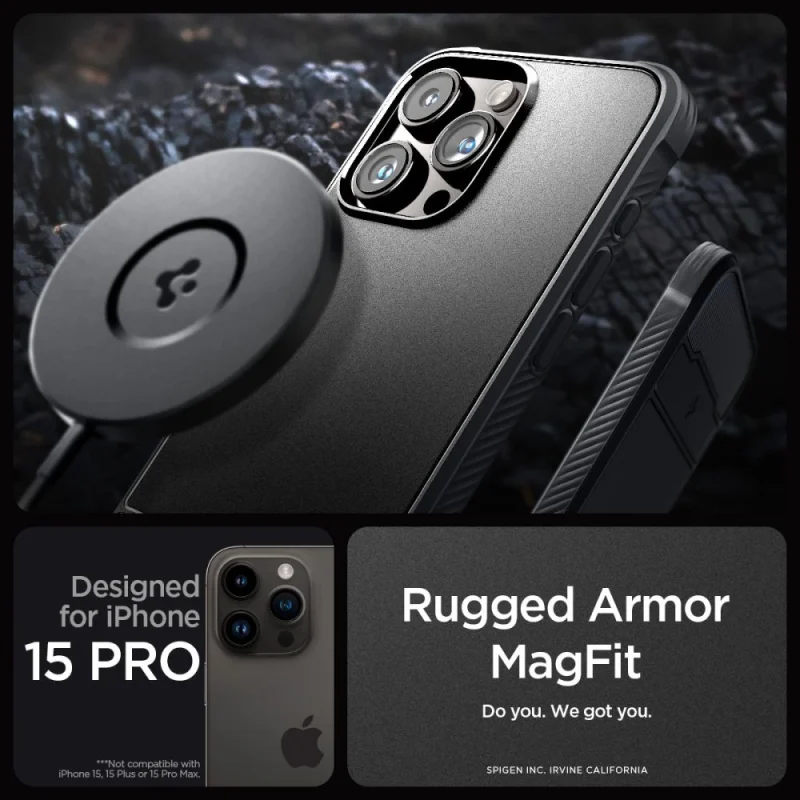 Etui Spigen Rugged Armor Mag z MagSafe na iPhone 15 Pro - czarny mat - obrazek 11