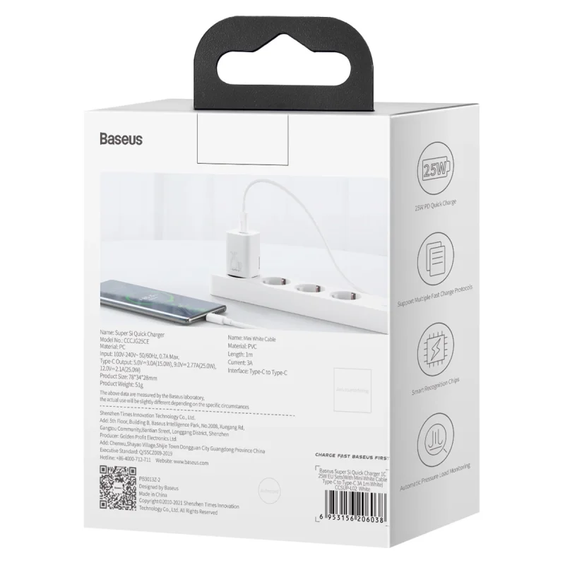 Szybka ładowarka sieciowa Baseus Si USB-C 25W 3A z kablem USB-C / USB-C 1m - biały - obrazek 6