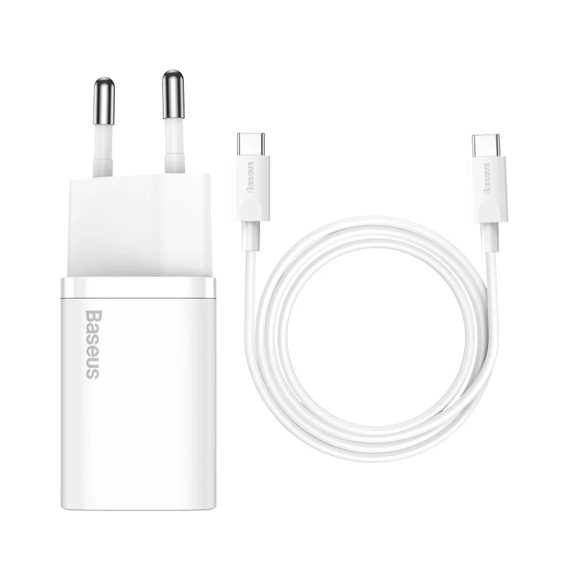 Szybka ładowarka sieciowa Baseus Si USB-C 25W 3A z kablem USB-C / USB-C 1m - biały