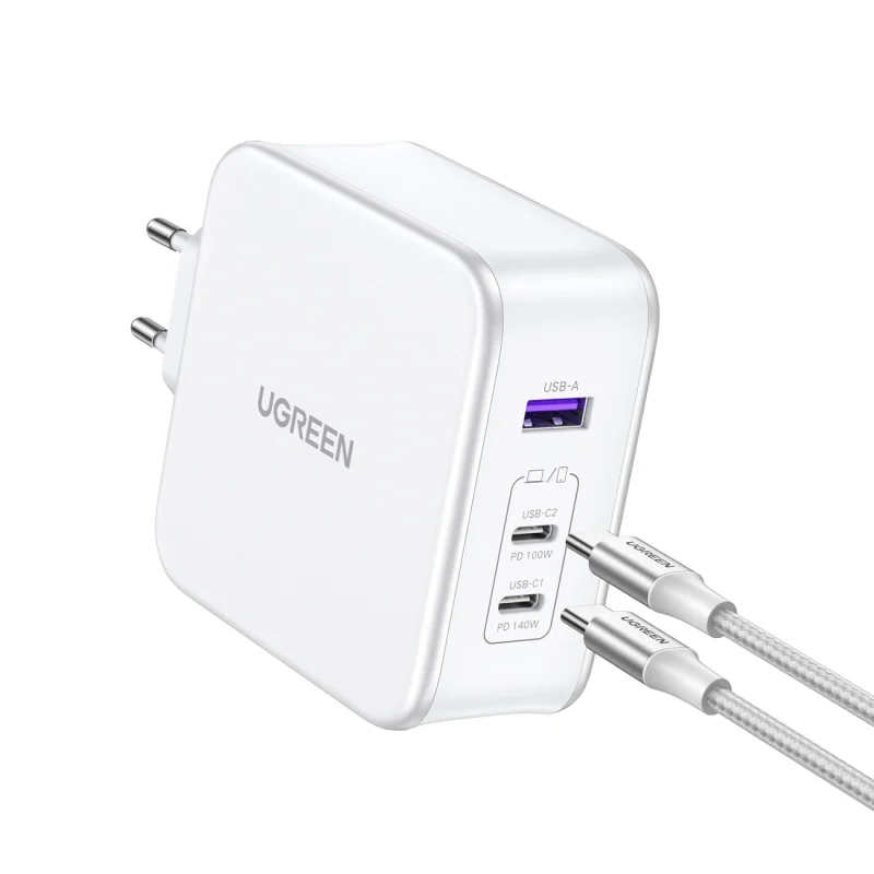 Ładowarka sieciowa GaN Ugreen Nexode CD289 USB-A/2xUSB-C 140W + kabel USB-C - USB-C 1.5m - biała - obrazek 4