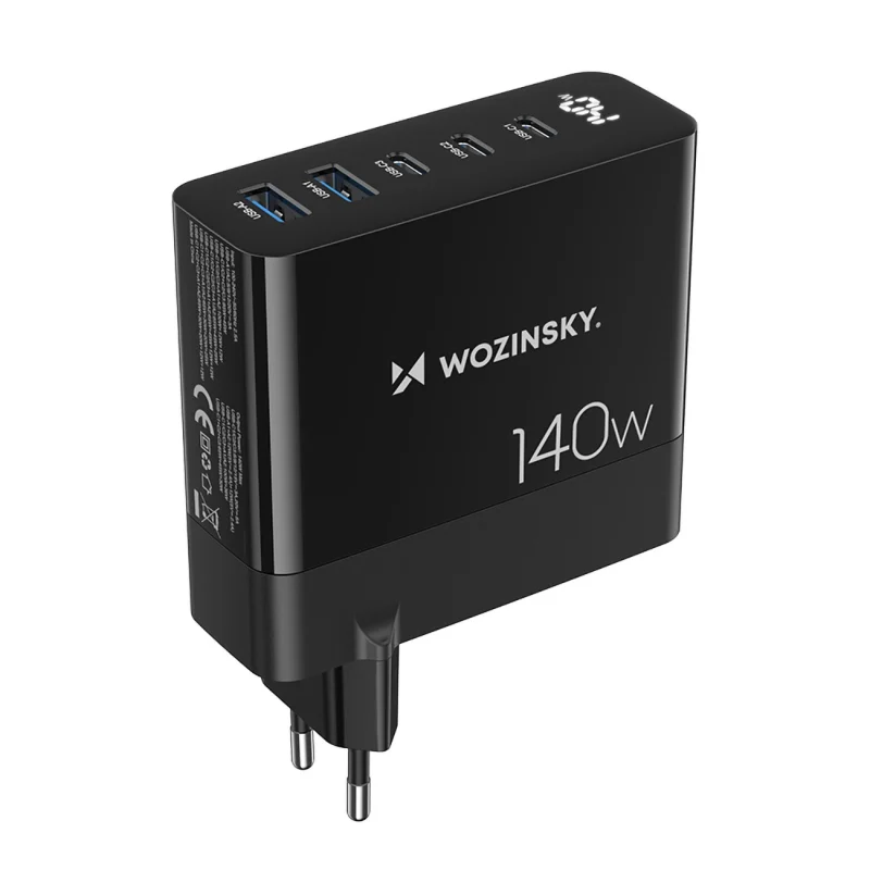 Ładowarka sieciowa GaN Wozinsky CGWCB 140W 3 x USB-C / 2 x USB-A - czarna - obrazek 2