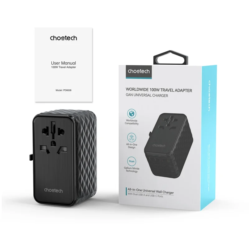 Adapter podróżny Choetech PD6028 EU / US / AUS / UK 2x USB-C 2x USB-A 100W - czarny - obrazek 3