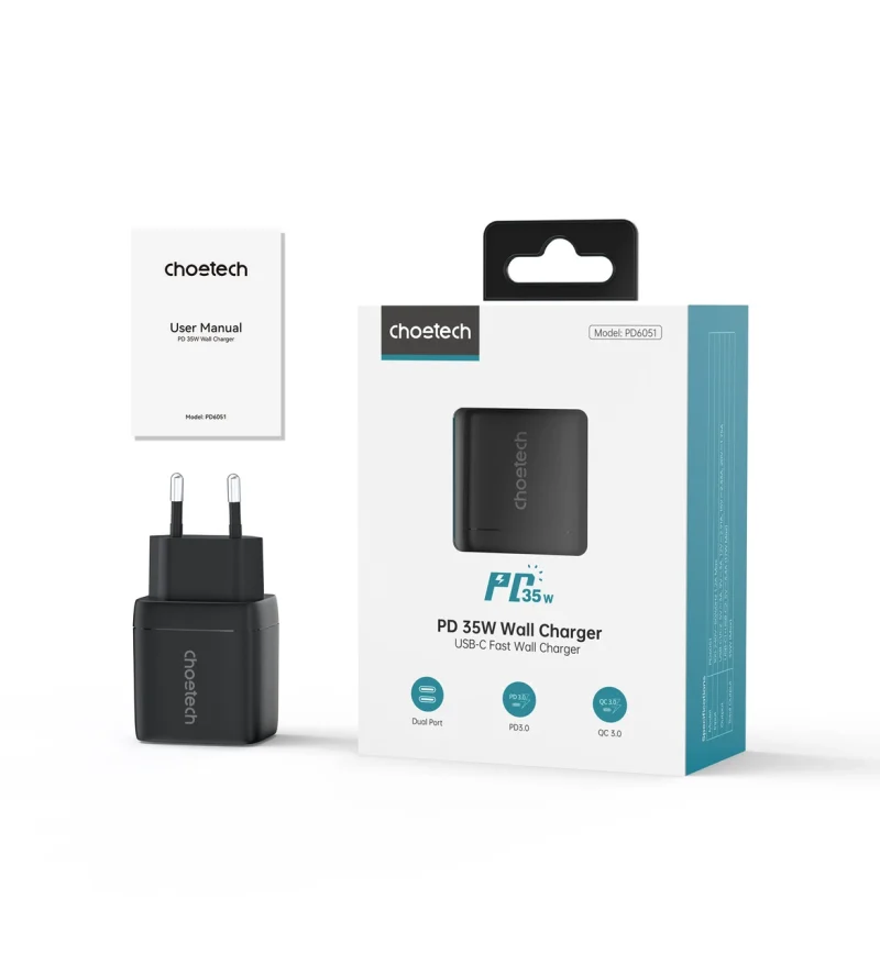 Ładowarka sieciowa Choetech PD6051 USB-C USB-C PD 35W GaN z wyświetlaczem - czarna - obrazek 4