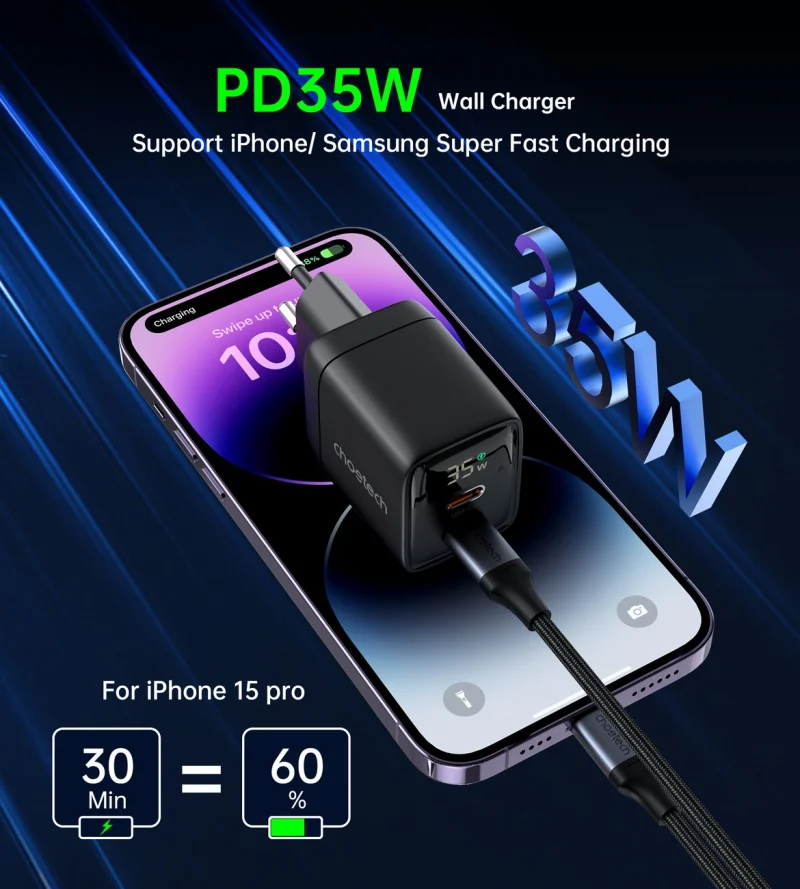 Ładowarka sieciowa Choetech PD6051 USB-C USB-C PD 35W GaN z wyświetlaczem - czarna - obrazek 5