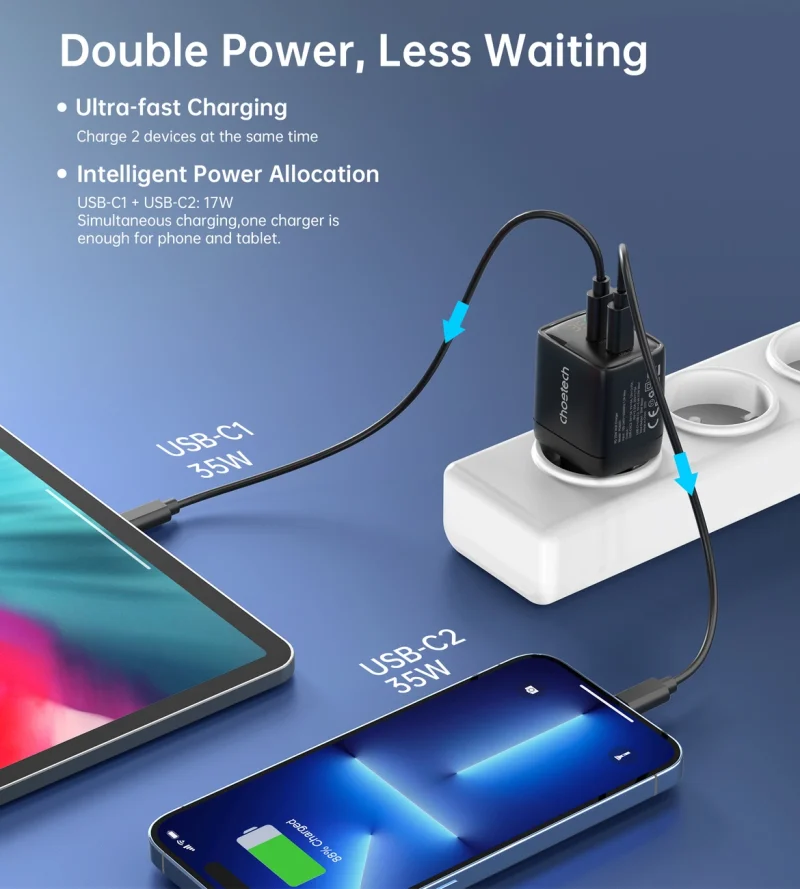 Ładowarka sieciowa Choetech PD6051 USB-C USB-C PD 35W GaN z wyświetlaczem - czarna - obrazek 6