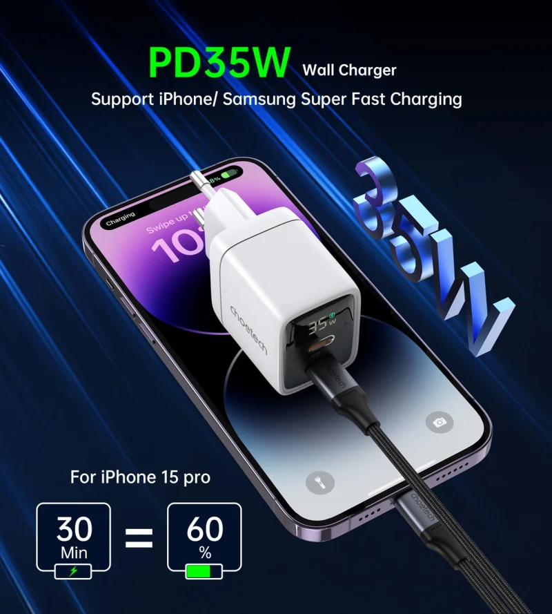 Ładowarka sieciowa GaN Choetech PD6051 2x USB-C PD 35W z wyświetlaczem - biała - obrazek 5