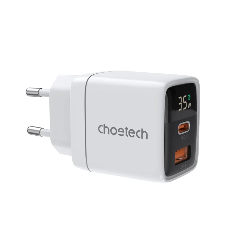 Ładowarka sieciowa Choetech PD6052 USB-C USB-A PD 35W GaN z wyświetlaczem - biała