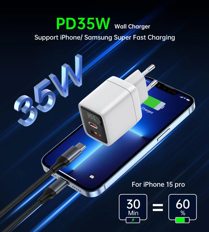 Ładowarka sieciowa Choetech PD6052 USB-C USB-A PD 35W GaN z wyświetlaczem - biała - obrazek 5