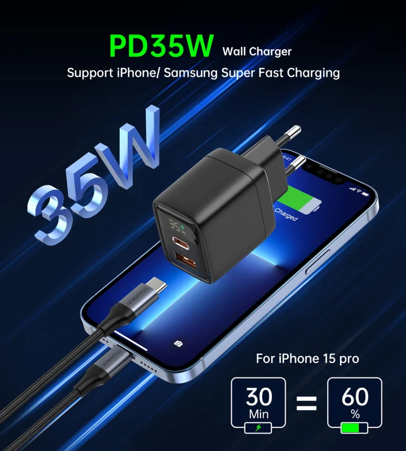 Ładowarka sieciowa Choetech PD6052 USB-C USB-A PD 35W GaN z wyświetlaczem - czarna - obrazek 5