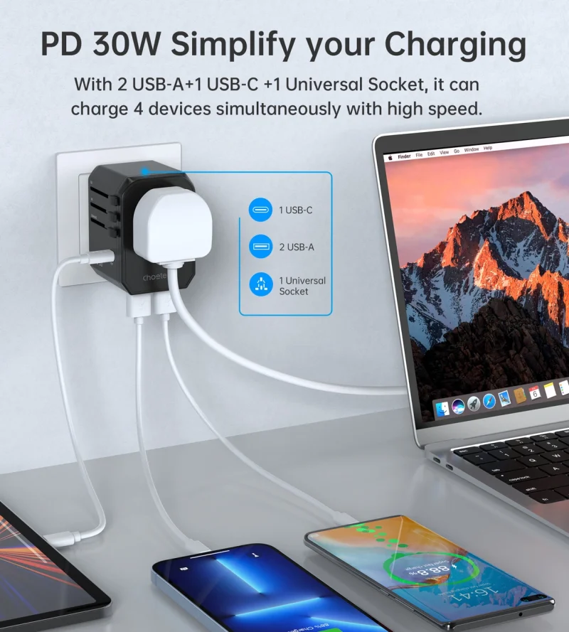 Ładowarka podróżna Choetech PD6041 USB-C USB-A PD 30W z 4 wtyczkami USA EU UK AU - czarna - obrazek 10