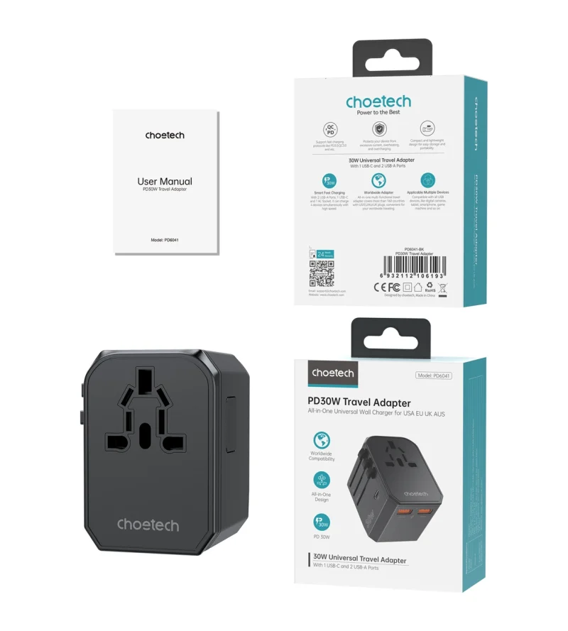 Ładowarka podróżna Choetech PD6041 USB-C USB-A PD 30W z 4 wtyczkami USA EU UK AU - czarna - obrazek 7