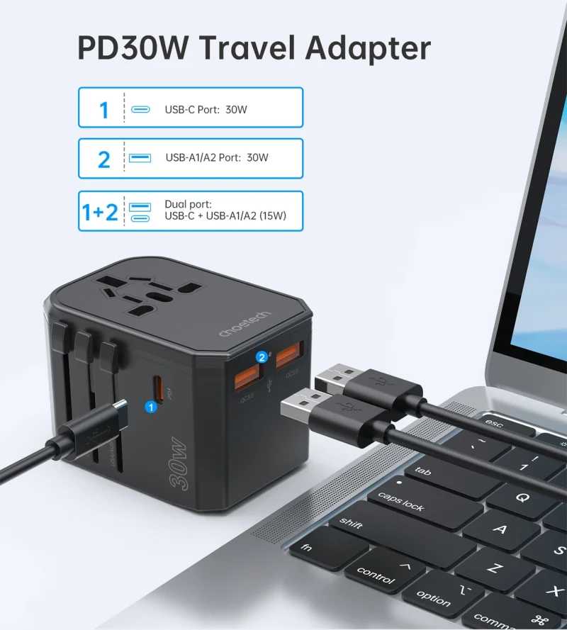 Ładowarka podróżna Choetech PD6041 USB-C USB-A PD 30W z 4 wtyczkami USA EU UK AU - czarna - obrazek 8