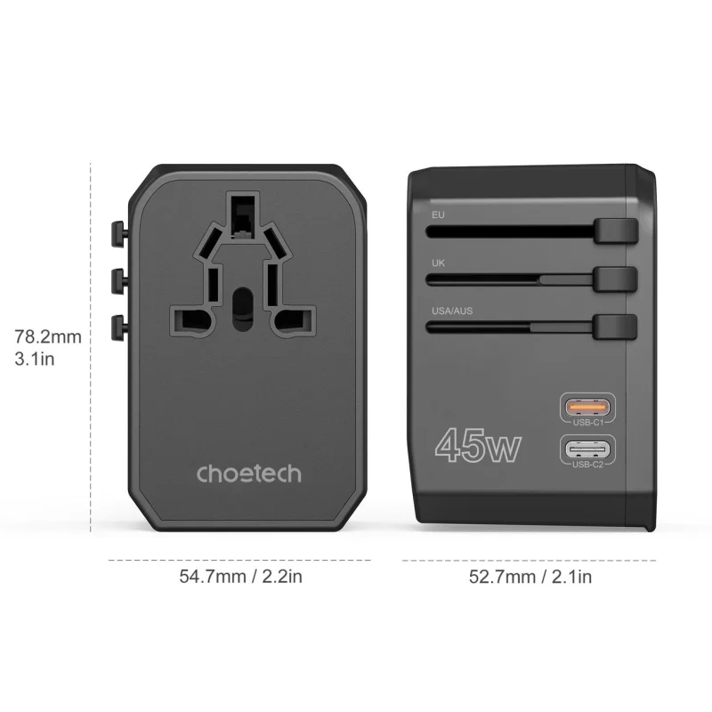 Ładowarka podróżna GaN Choetech PD6045 USB-C USB-A 45W z wtyczkami USA EU UK AU - czarna - obrazek 11