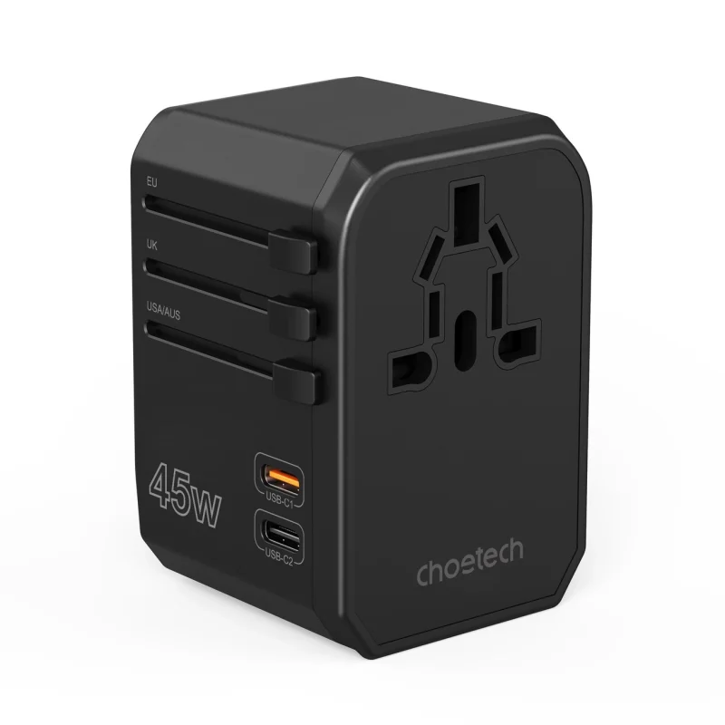 Ładowarka podróżna GaN Choetech PD6045 USB-C USB-A 45W z wtyczkami USA EU UK AU - czarna - obrazek 4