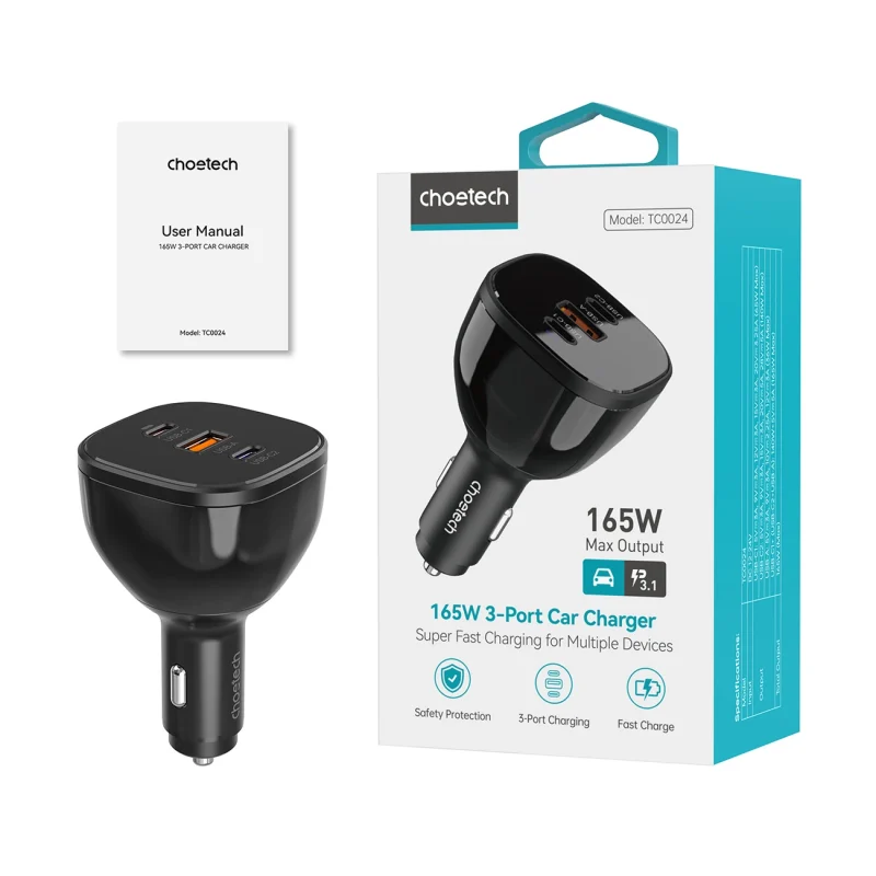 Ładowarka Choetech TC0024 samochodowa 160W 2x USB-C PD 3.1 1x USB-A - czarna - obrazek 3