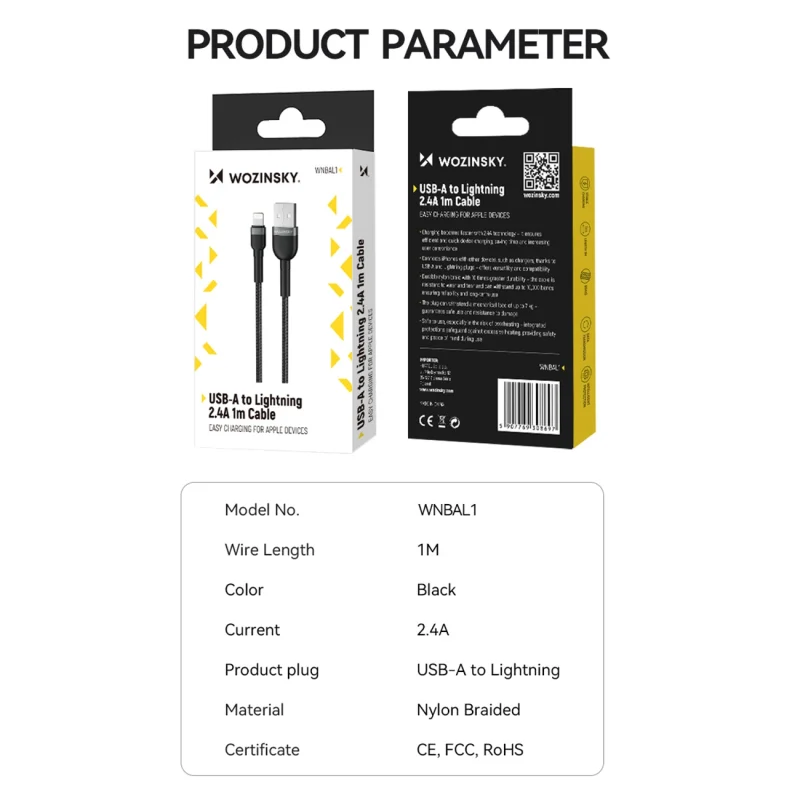 Kabel Wozinsky WNBAL1 USB-A / Lightning 2.4A 1 m - czarny - obrazek 5