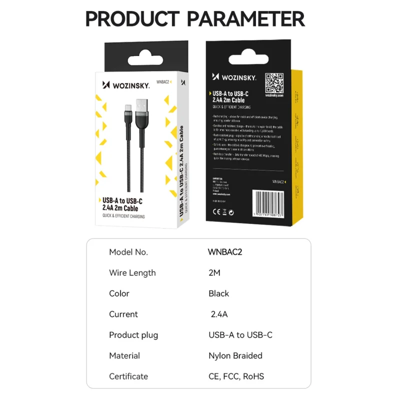 Kabel Wozinsky WNBAC1 USB-A / USB-C 2.4A 1 m - czarny - obrazek 5