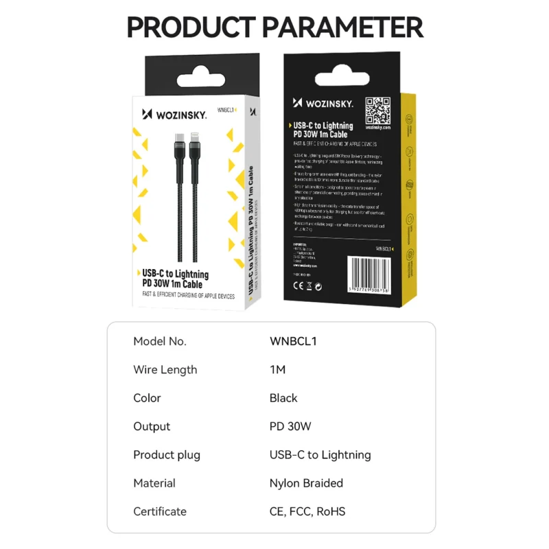 Kabel Wozinsky WNBCL1 Lightning / USB-C PD 30W 1 m - czarny - obrazek 5