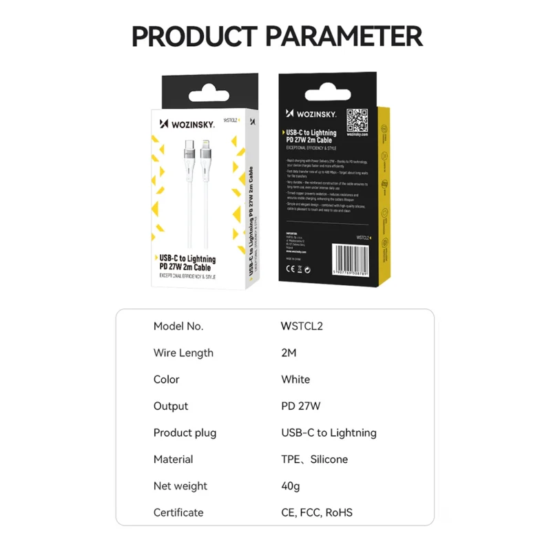 Kabel Wozinsky WSTCL1 Lightning / USB-C PD 27W 1 m - biały - obrazek 5