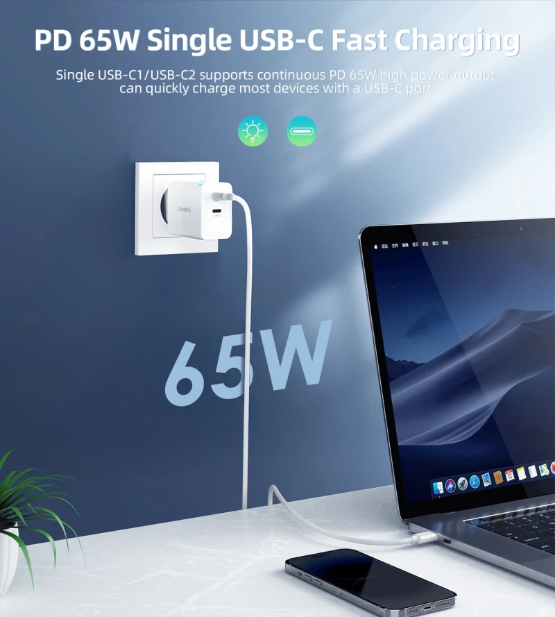 Ładowarka sieciowa Choetech PD6013 2x USB-C PD 65W GaN - biała - obrazek 7