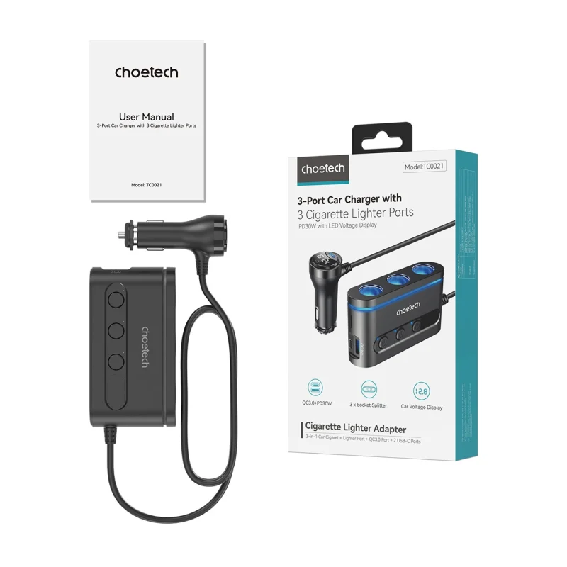 Ładowarka Choetech TC0021 samochodowa 2x USB-C PD 1x USB-A QC 3x gniazdo zapalniczki - czarna - obrazek 3