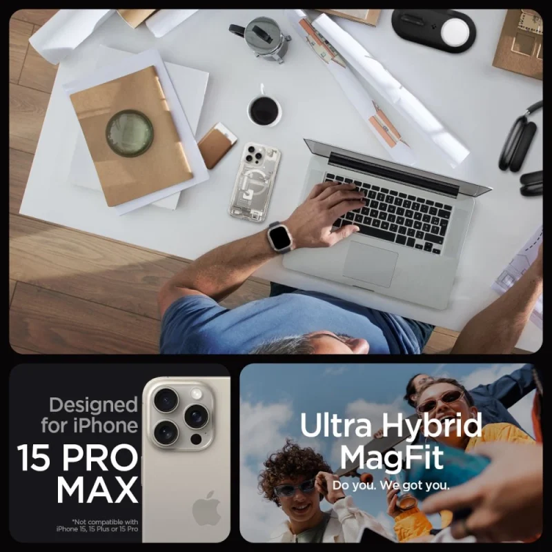 Etui Spigen Ultra Hybrid Mag z MagSafe na iPhone 15 Pro Max - tytan naturalny (wzór Zero One) - obrazek 9