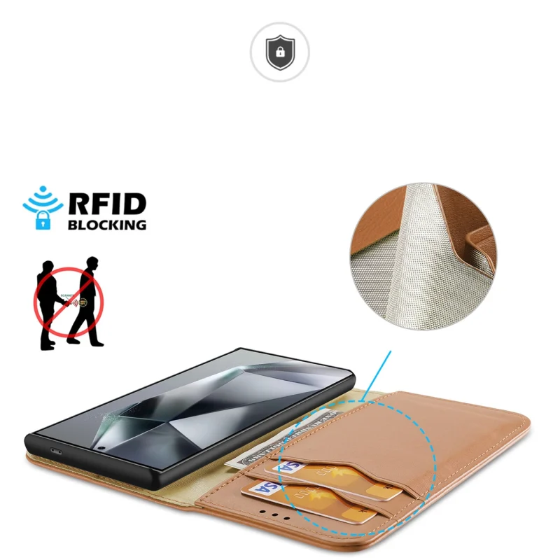 Etui Dux Ducis Hivo z klapką i blokadą RFID do Samsung Galaxy S24 Ultra - brązowe - obrazek 3