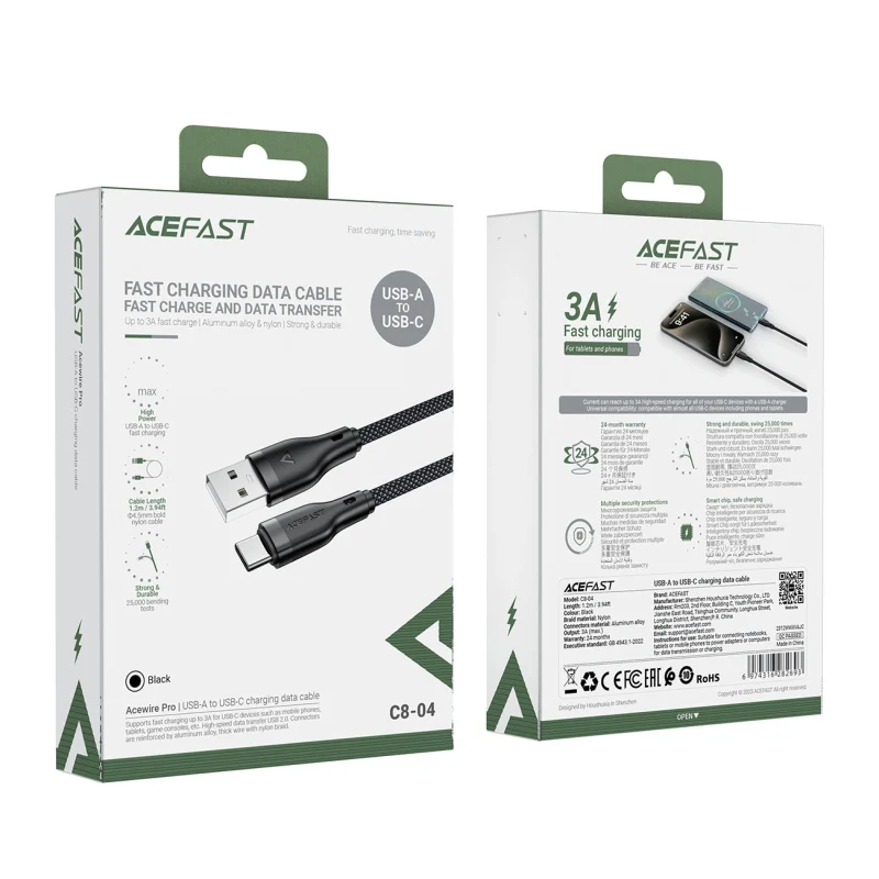 Kabel Acefast C8-04 USB-A / USB-C 3A 1.2m - czarny - obrazek 5