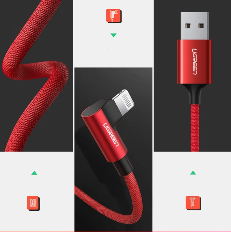 Kabel Ugreen US299 60555 kątowy Lightning / USB-A MFi 2.4A 1m - czerwony - obrazek 9