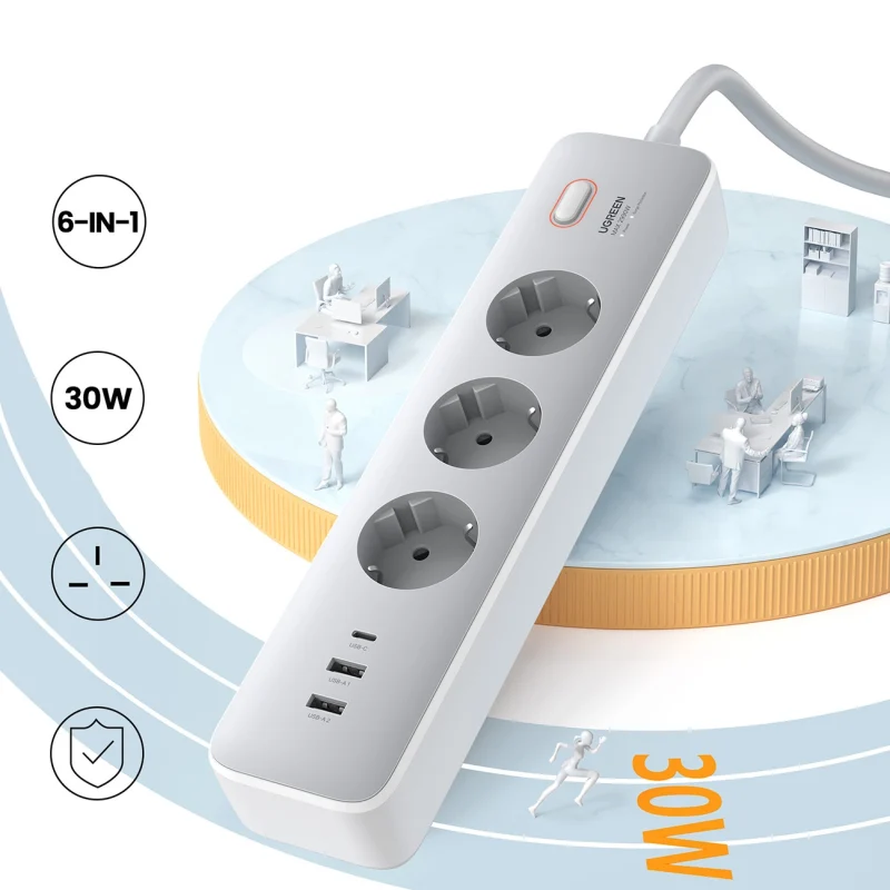 Przedłużacz Ugreen CD286 3x AC 2x USB-A 1x USB-C 30W z włącznikiem - biały - obrazek 3